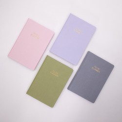 Business notebook with business card pocket on the cover, elastic pen holder, and acid-free paper with printed inner pages