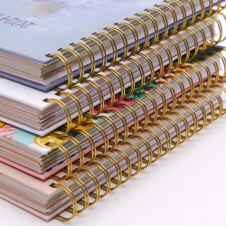 Factory-produced, mass-produced A5 hardcover, grooved, and mounted notebooks, cloth-bound, and veneered, with gold-stamped logos.