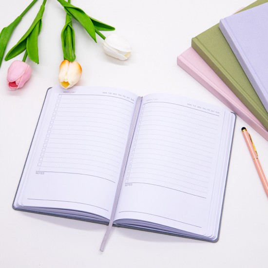 Business notebook with business card pocket on the cover, elastic pen holder, and acid-free paper with printed inner pages Business notebook with business card pocket on the cover, elastic pen holder, and acid-free paper with printed inner pages