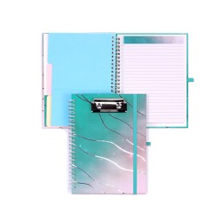 A5 spiral-bound notebook with gold double-ringed paper cover, printed envelope, and storage bag.