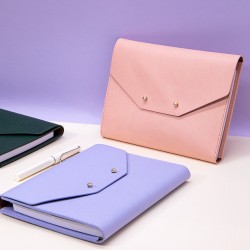 Tri-fold leather business notebook with stylish bag and custom logo printed on white inner pages